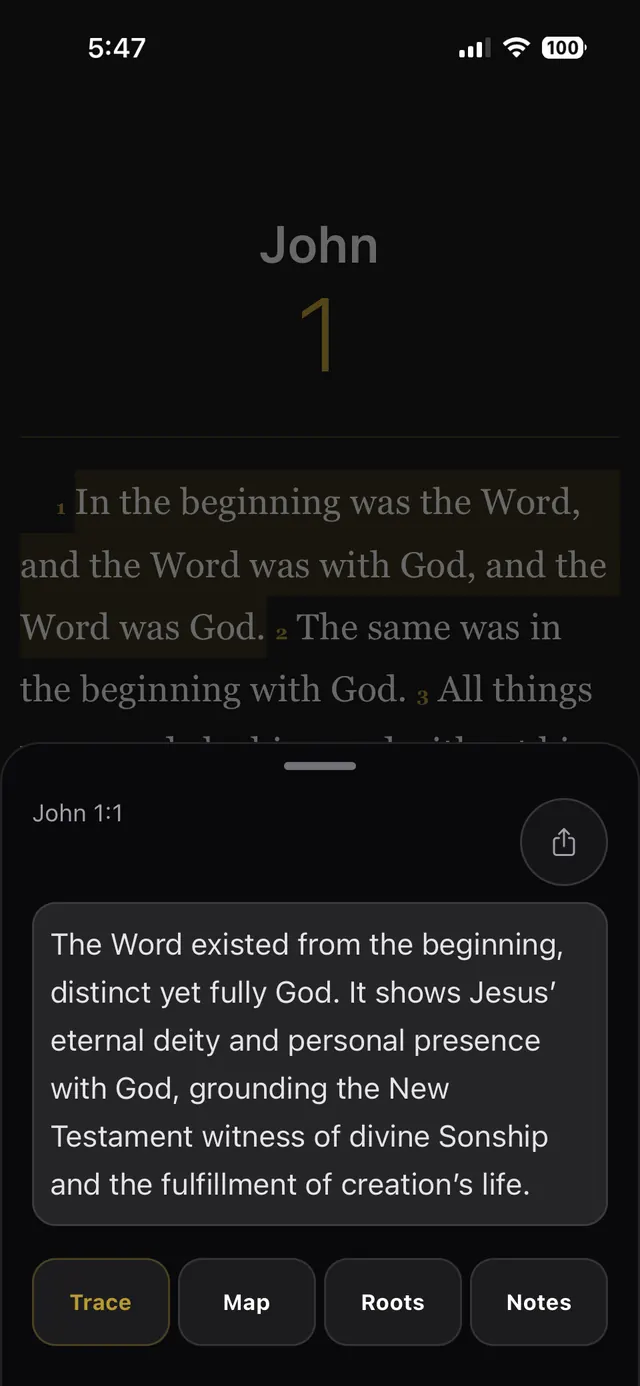 Traverse Reader showing John 1 on iPhone.