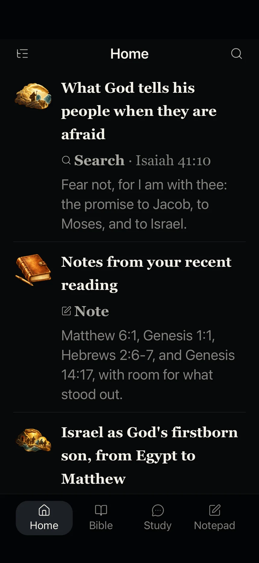 Traverse Home suggesting studies that follow themes from Isaiah, Exodus, and Matthew
