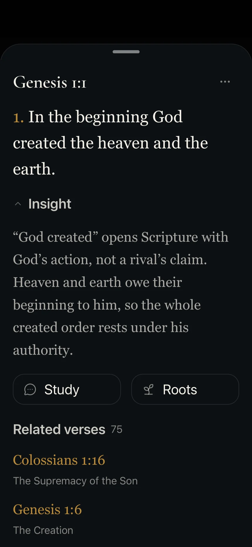 Traverse verse detail for Genesis 1:1 with an insight and 75 related verses