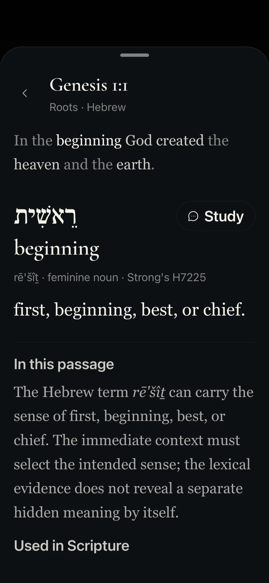 Traverse Roots showing the Hebrew word reshit, beginning, in Genesis 1:1