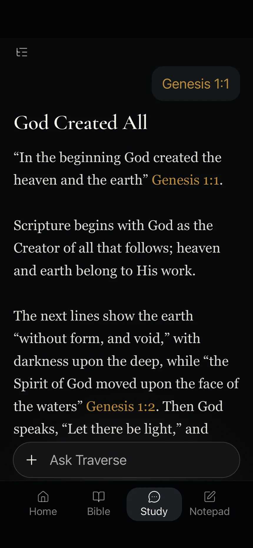 Traverse Study explaining Genesis 1:1 with cited verses