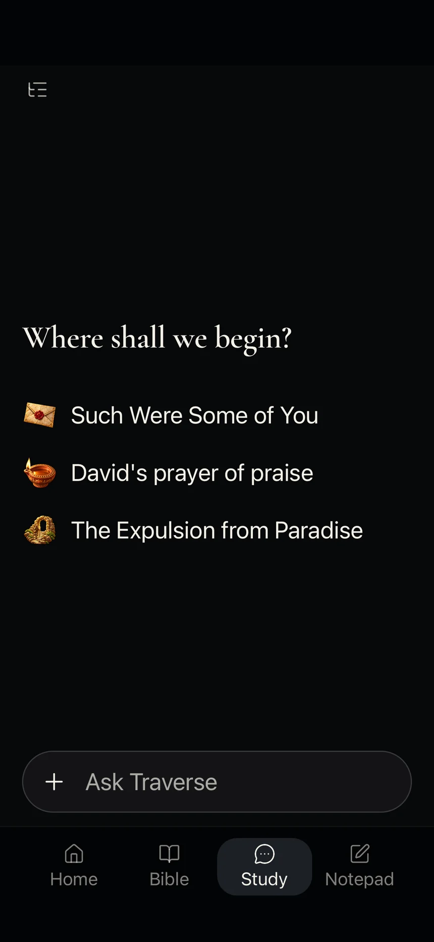 Traverse Study asking where to begin, with suggested passages